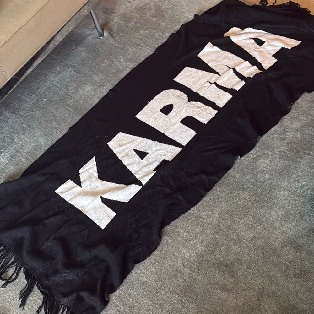 Black and White KARMA Throw Blanket or Cover Up or Shall BRAND NEW Fringe End